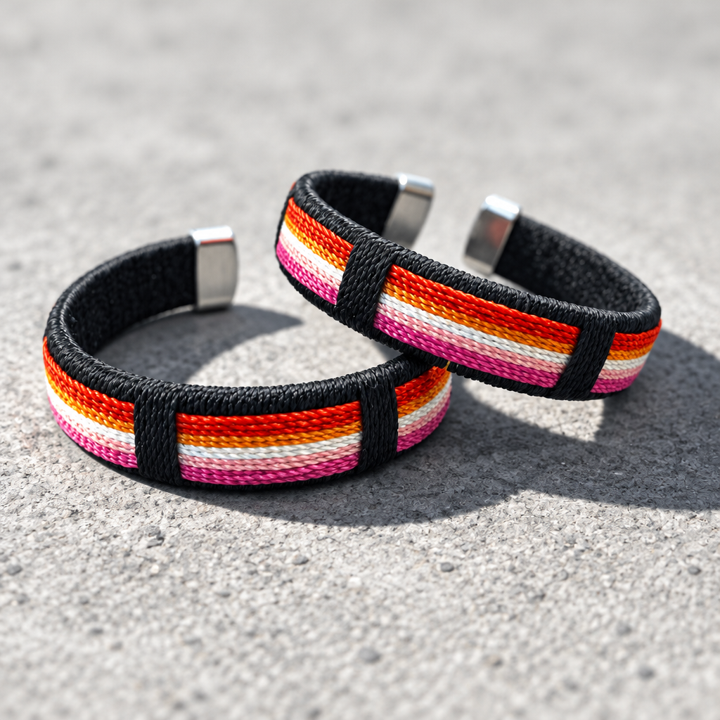 a pair of Lesbian pride woven cuff bracelets with colorful striped fabric design displayed on a concrete surface