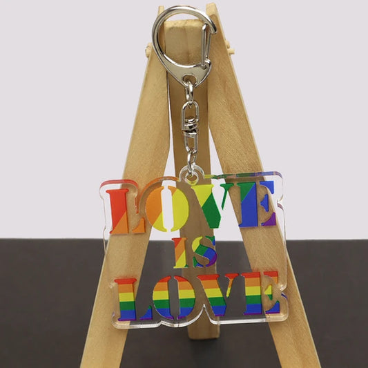 Love Is Love rainbow acrylic keychain with LGBTQ pride colors