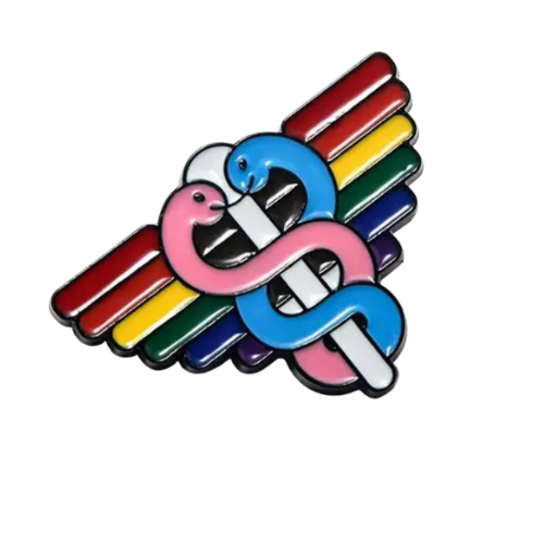 Rainbow and transgender pride caduceus medical enamel pin with winged staff and snakes