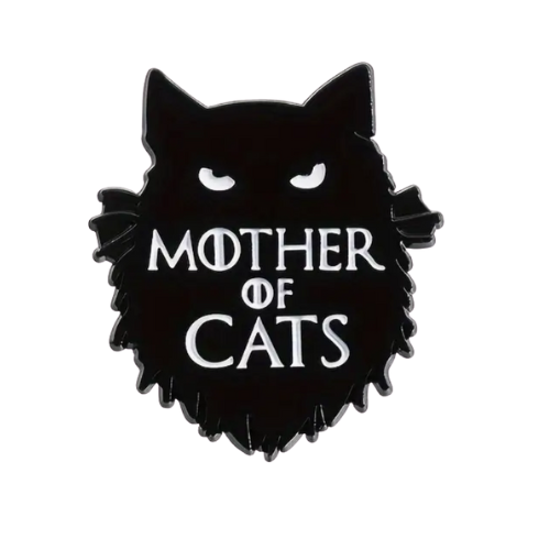Black gothic enamel pin featuring cat silhouette and the phrase “Mother of Cats”
