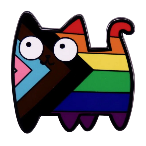 Progress Pride mosaic cat enamel pin featuring rainbow geometric kitty design with oversized eyes