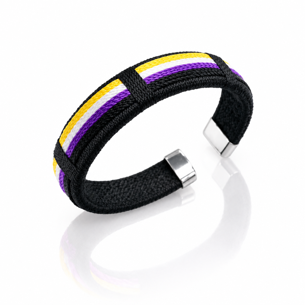 Nonbinary pride woven cuff bracelet with yellow white purple and black stripe design