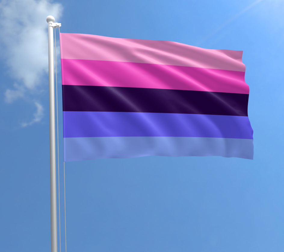 Omnisexual Pride outdoor flag with pink purple and blue horizontal stripes