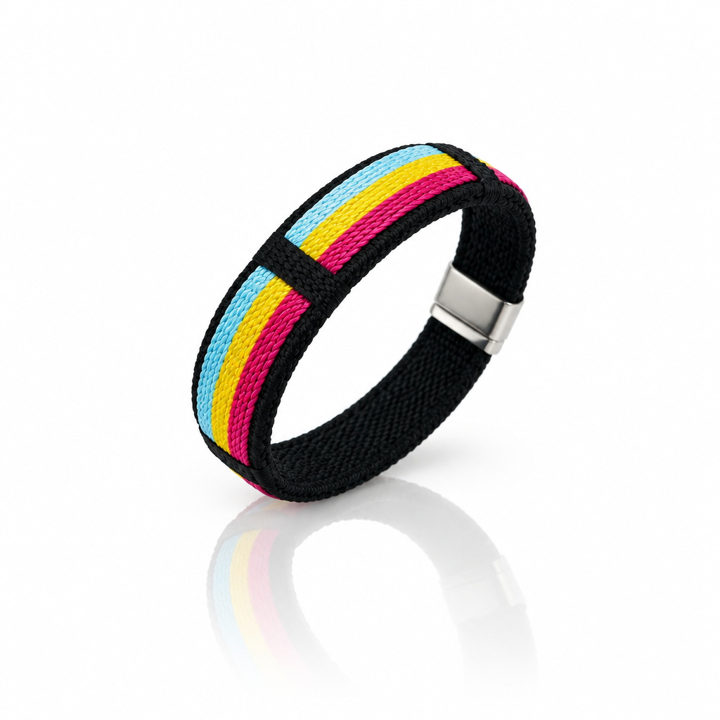 Pansexual pride woven cuff bracelet with pink yellow and blue stripe design