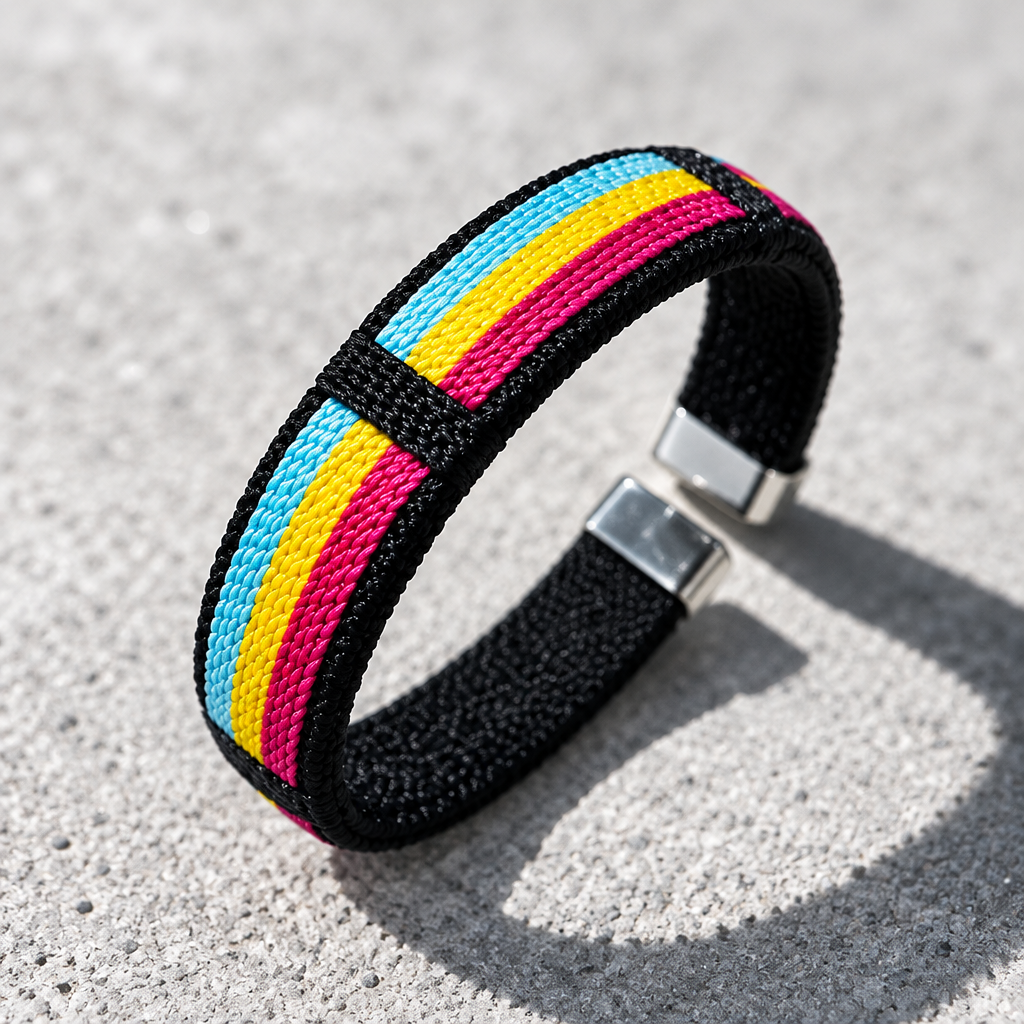 Pansexual pride woven cuff bracelet with pink yellow and blue stripe design displayed on a cement surface