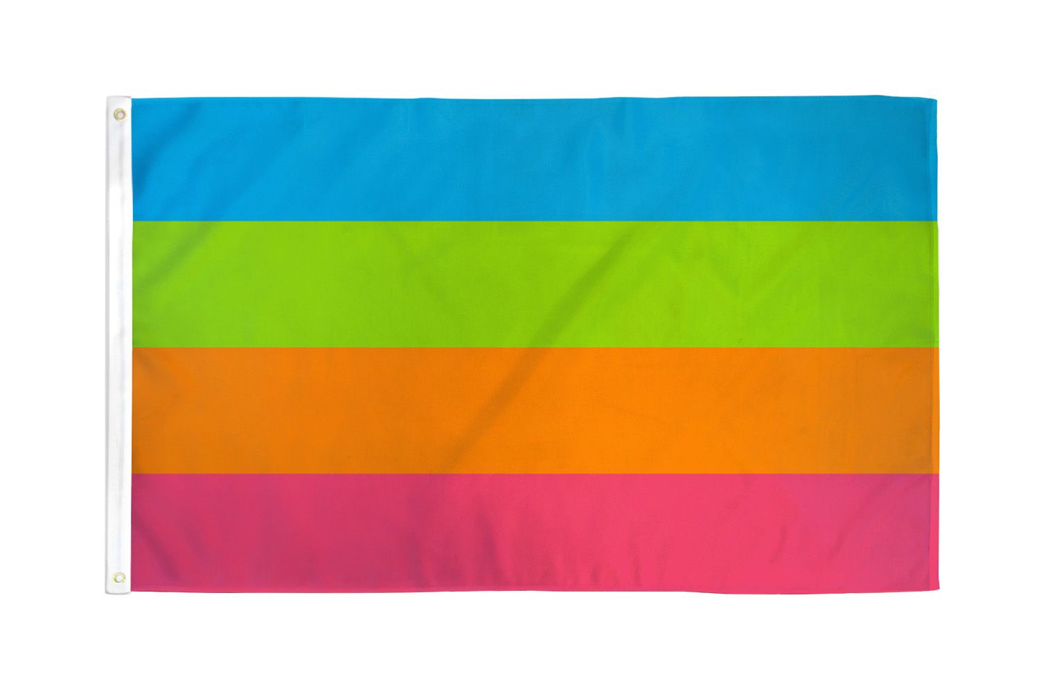 Panromantic Pride outdoor flag with blue green orange and red horizontal stripes on a white background