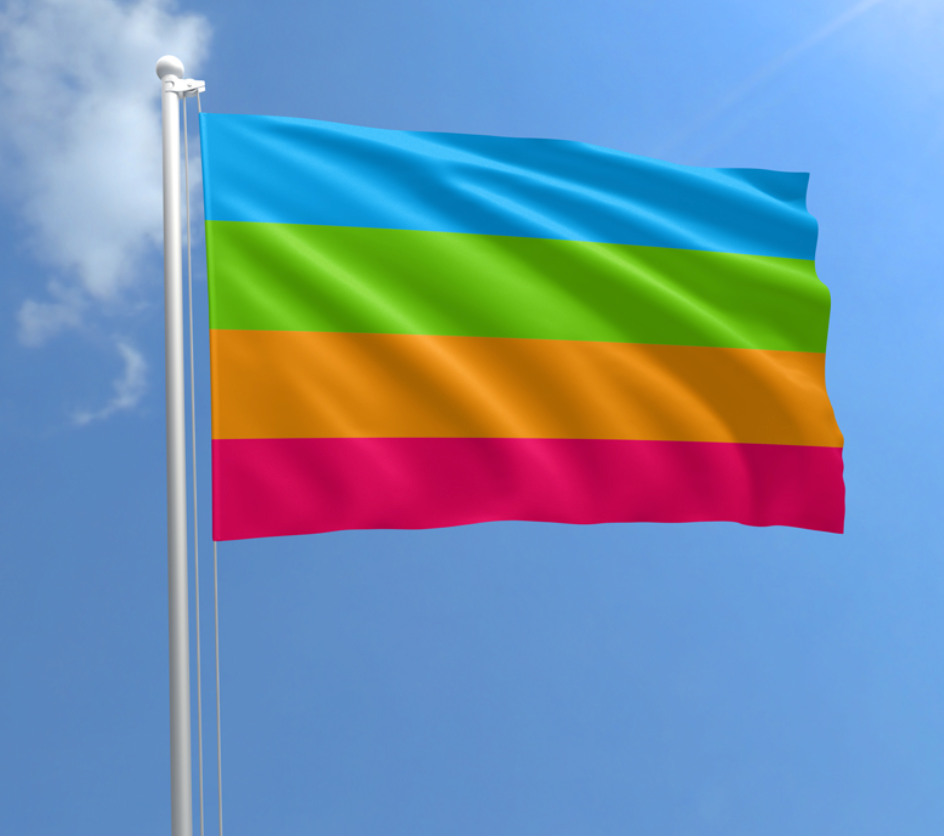 Panromantic Pride outdoor flag with blue green orange and red horizontal stripes against a blue sky