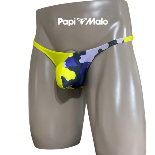 Front view of neon yellow and camouflage men’s classic thong by PapiMalo Gear