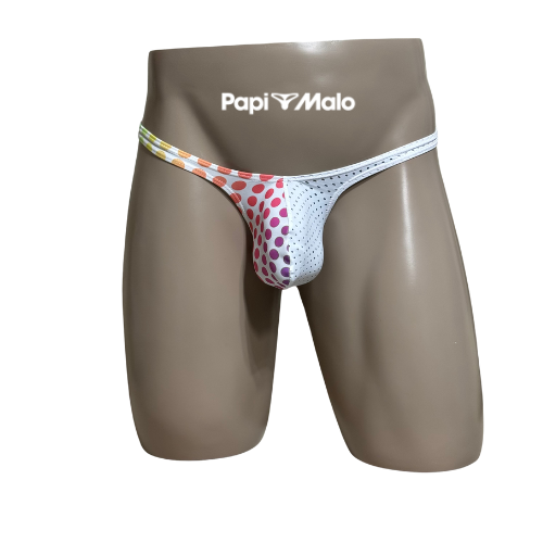 Front view of polka dot and white mesh men’s classic thong by PapiMalo Gear