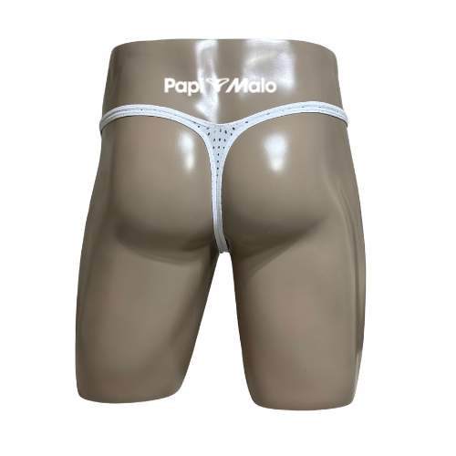 Back view of white mesh men’s classic thong by PapiMalo Gear