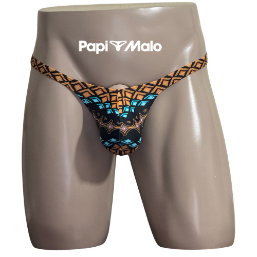Front view of mosaic-inspired geometric men’s classic thong by PapiMalo Gear