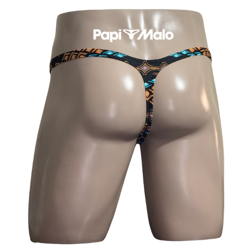 Back view of mosaic-inspired geometric men’s classic thong by PapiMalo Gear