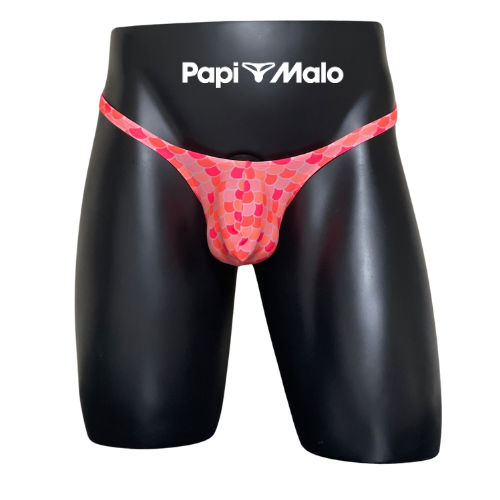 Front view of coral mosaic print men’s classic thong by PapiMalo Gear