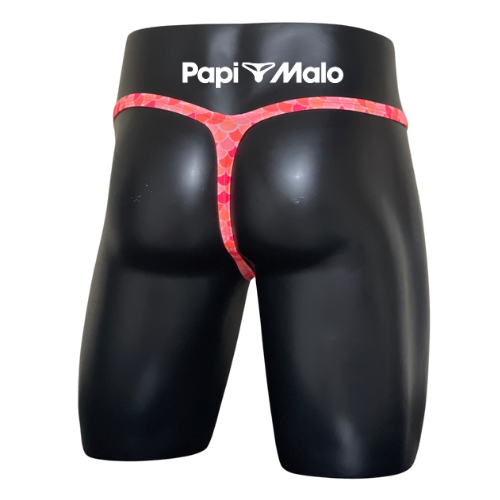 Back view of coral mosaic print men’s classic thong by PapiMalo Gear