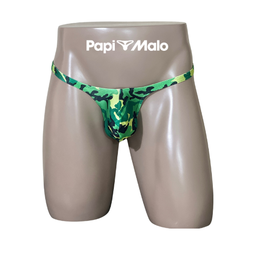 Front view of green camouflage print men’s classic thong by PapiMalo Gear