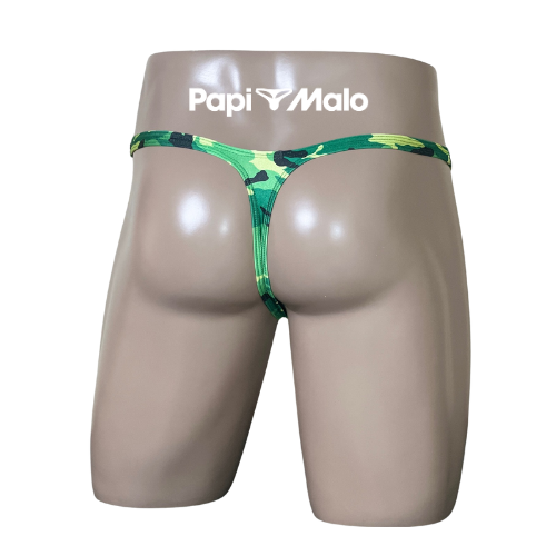 Back view of green camouflage print men’s classic thong by PapiMalo Gear