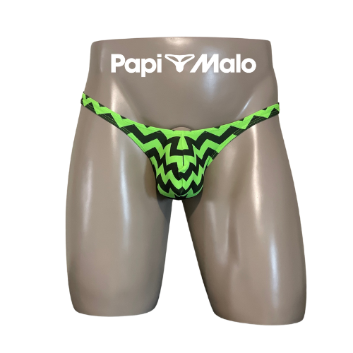 Front view of neon green zig-zag print men’s classic thong by PapiMalo Gear