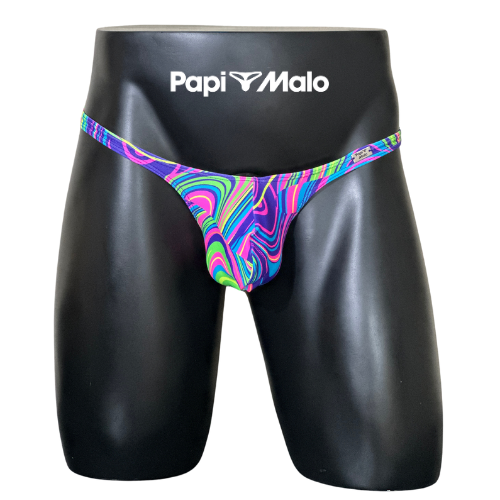 Front view of psychedelic neon swirl print men’s classic thong by PapiMalo Gear