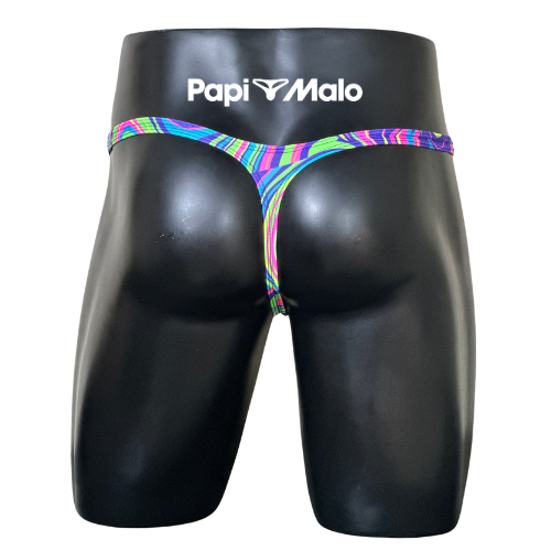 Back view of psychedelic neon swirl print men’s classic thong by PapiMalo Gear