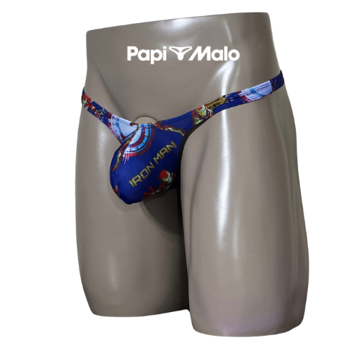 Front view of comic-inspired blue men’s classic thong by PapiMalo Gear