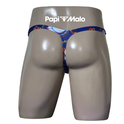 Back view of comic-inspired blue men’s classic thong by PapiMalo Gear