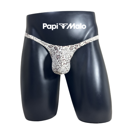 Front view of ivory animal print men’s classic thong by PapiMalo Gear
