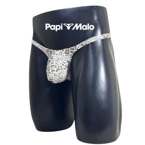 Side view of ivory animal print men’s classic thong by PapiMalo Gear