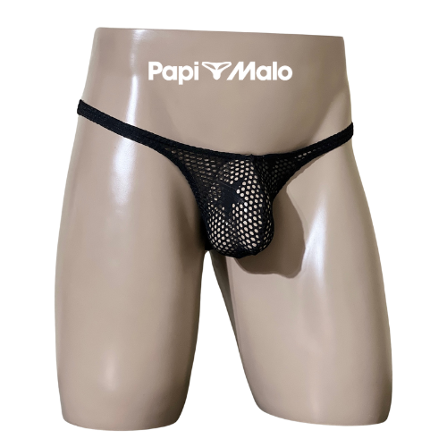 Front view of black mesh men’s classic thong by PapiMalo Gear