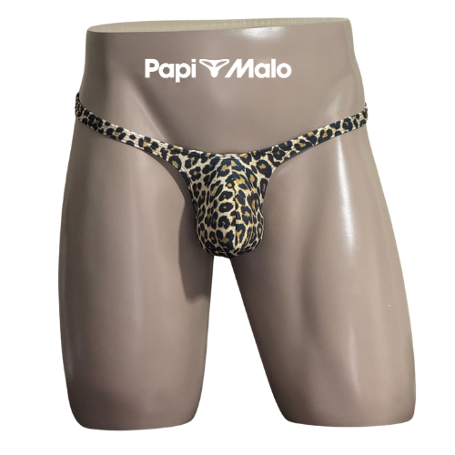 Front view of golden leopard print men’s classic thong by PapiMalo Gear