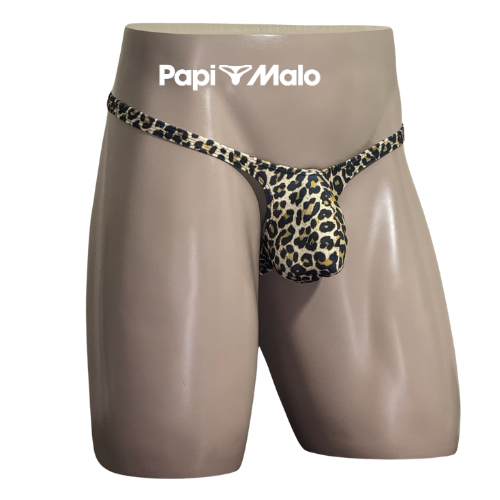 Side view of golden leopard print men’s classic thong by PapiMalo Gear