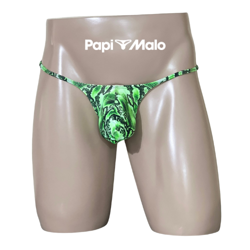 Front view of green snakeskin print men’s muscle thong by PapiMalo Gear