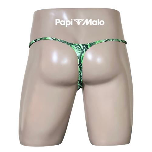 Back view of green snakeskin print men’s muscle thong by PapiMalo Gear