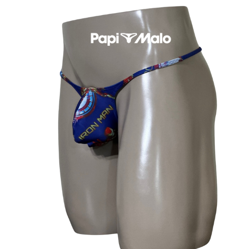 Front view of comic-inspired blue men’s muscle thong by PapiMalo Gear