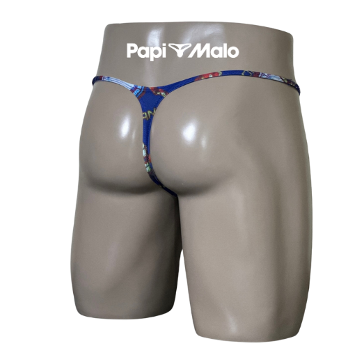 Back view of comic-inspired blue men’s muscle thong by PapiMalo Gear