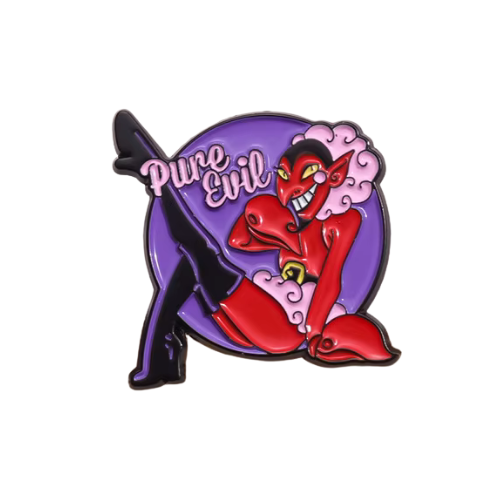 Pure Evil Devil in Drag enamel pin featuring glamorous red devil pin-up artwork