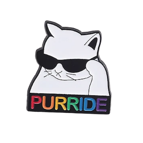 Purride Cat enamel pin featuring white cat with sunglasses and rainbow Pride lettering