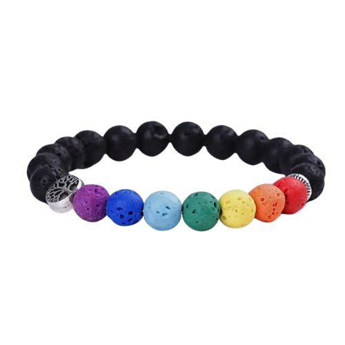 Rainbow lava rock stretch bracelet with black volcanic stone beads and colorful Pride-inspired accent beads