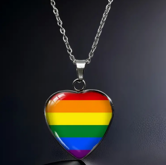 Rainbow pride heart pendant necklace with LGBTQ rainbow colors beneath glass heart charm