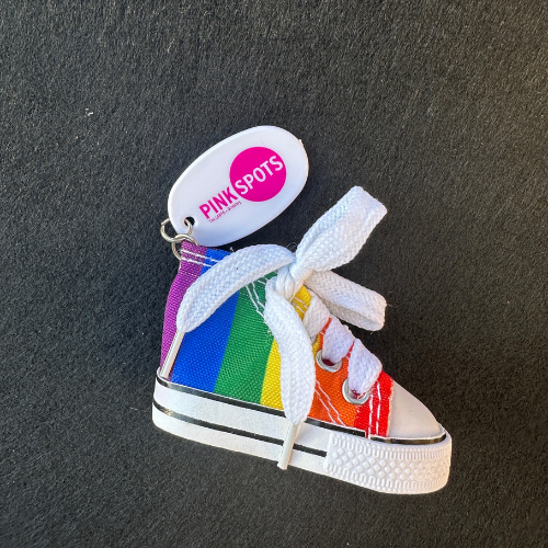 Retro rainbow sneaker keychain with miniature high-top shoe design and colorful LGBTQ-inspired stripes