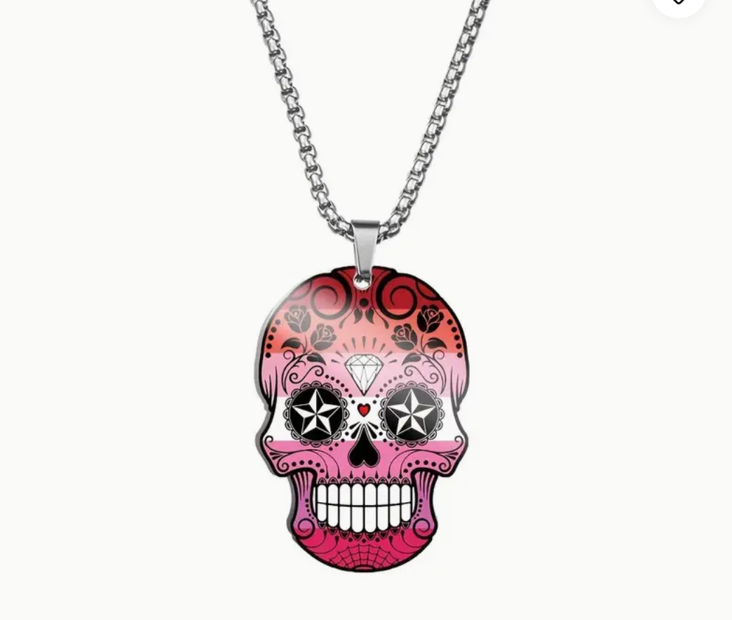 Lesbian pride sugar skull pendant necklace with sunset-inspired orange pink and white decorative skull artwork