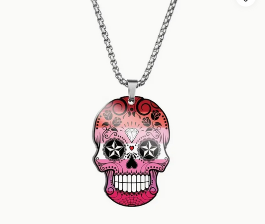 Lesbian pride sugar skull pendant necklace with sunset-inspired orange pink and white decorative skull artwork