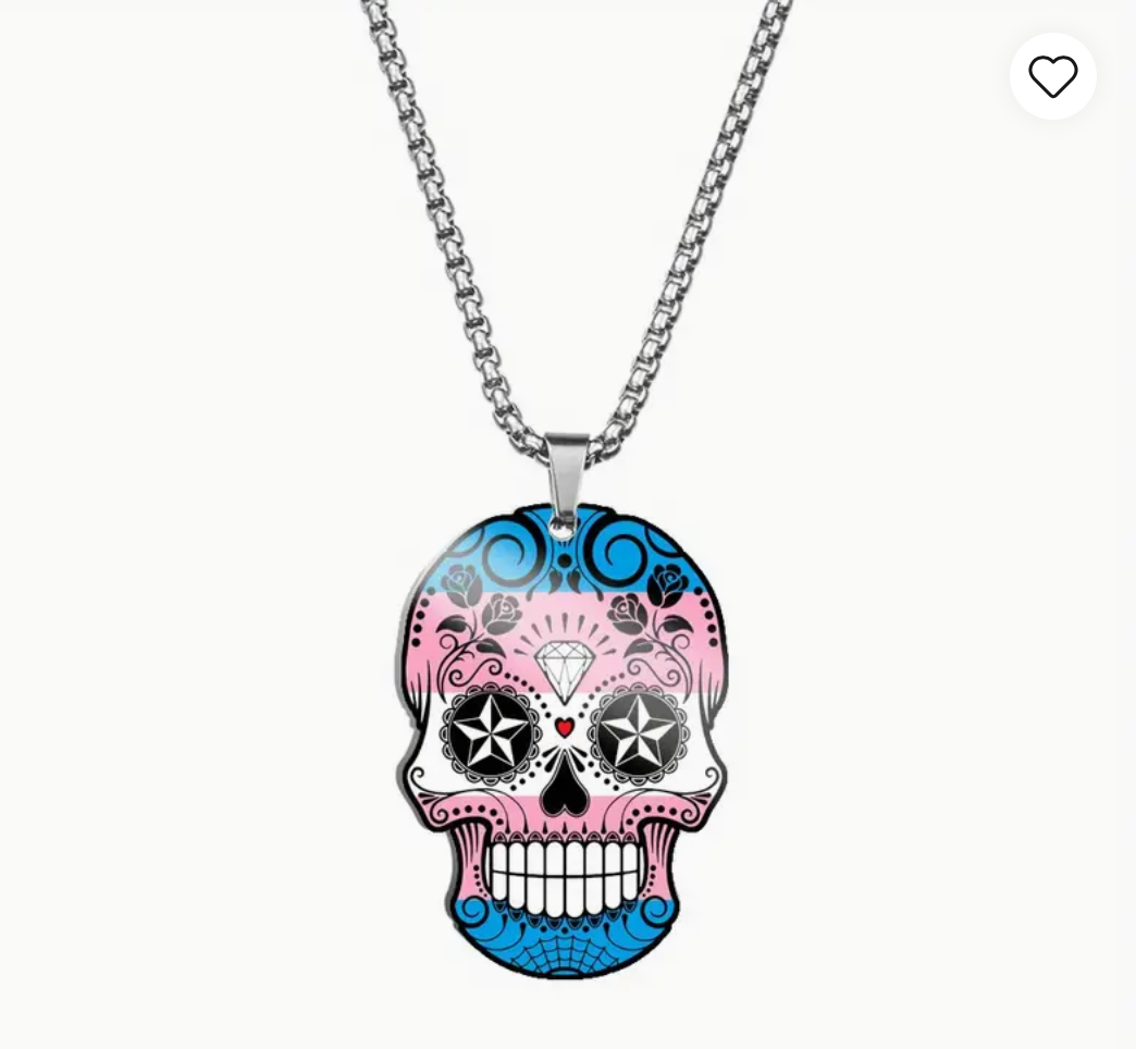 Transgender pride sugar skull pendant necklace with pastel pink blue and white decorative skull design on stainless steel chain