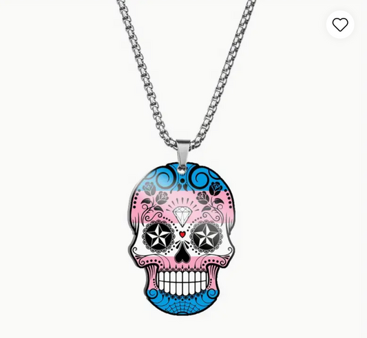 Transgender pride sugar skull pendant necklace with pastel pink blue and white decorative skull design on stainless steel chain