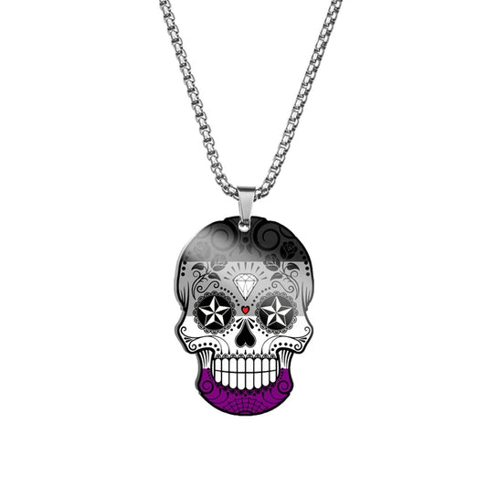 Asexual pride sugar skull pendant necklace with black white gray and purple decorative artwork