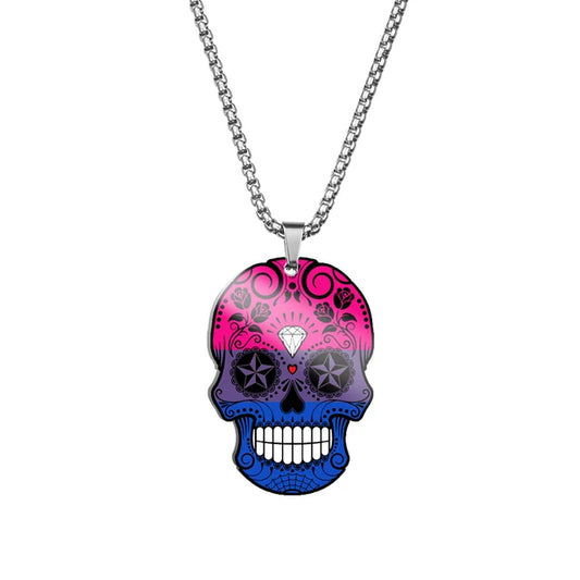 Bisexual pride sugar skull necklace with pink purple and blue decorative skull pendant