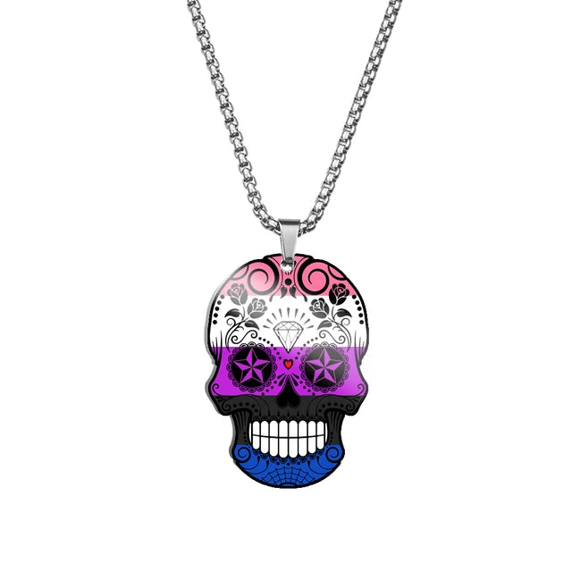 Genderfluid pride sugar skull pendant necklace with pink purple blue and black decorative skull artwork