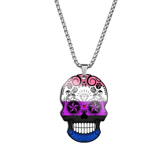 Genderfluid pride sugar skull pendant necklace with pink purple blue and black decorative skull artwork