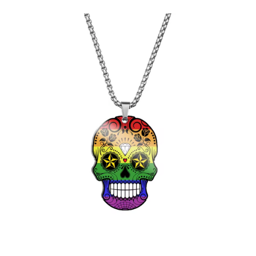 Rainbow pride sugar skull necklace with multicolor decorative skull pendant on stainless steel chain