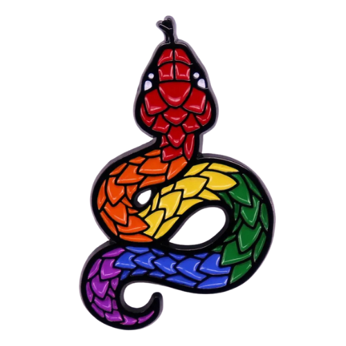 Rainbow Pride Snake enamel pin with colorful scaled serpent design