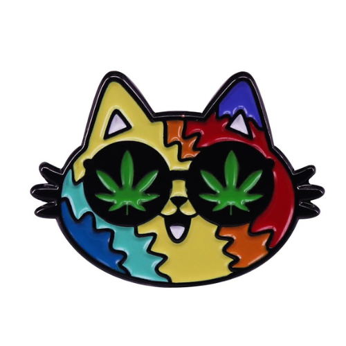 Rainbow Stoner Kitty enamel pin featuring colorful cat face with cannabis leaf eyes